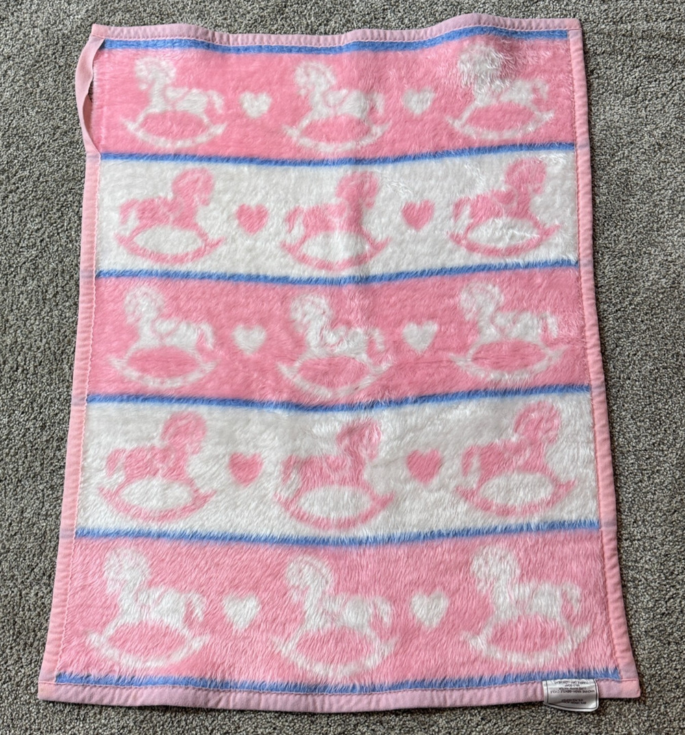 Vintage Biederlack of America Baby Blanket Pink Rocking Horse 27x36 Super Soft